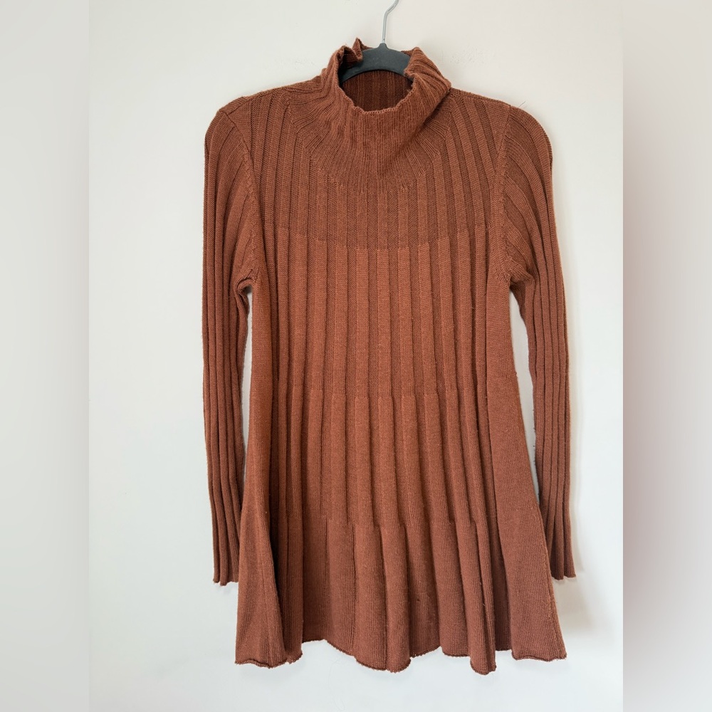 Rust Colored Ribbed Knit Long Sleeve Sweater Dress